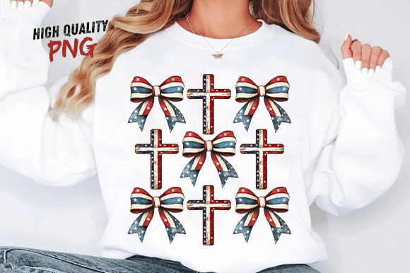 4th of July Christian Cross Coquette PNG & T-Shirt Designs